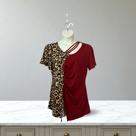 NWOT, Emery Rose, Stretch Asymmetrical Leopard And Red Blouse, 2X - Picture 2 of 11
